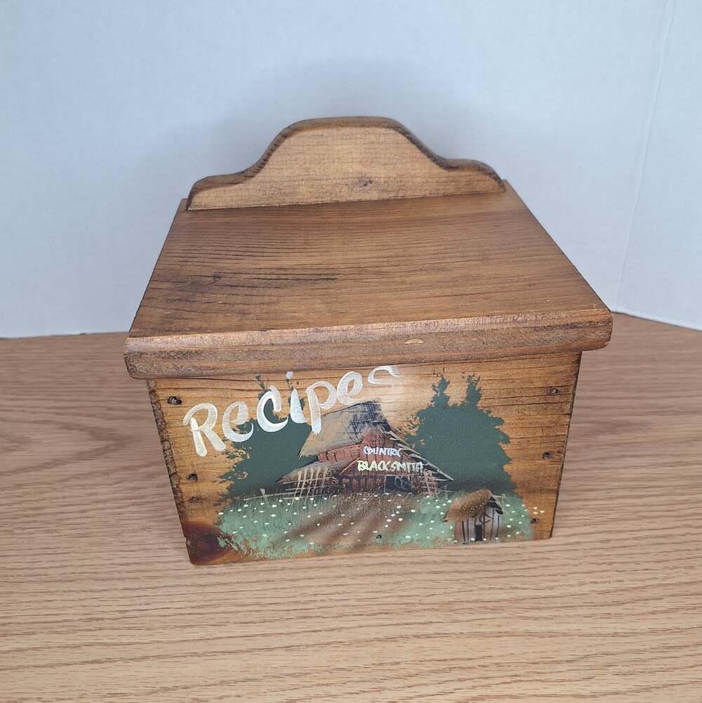 Vintage Wood Recipe Box Hand Painted Country Blacksmith Sugarcreek Ohio Rare EUC